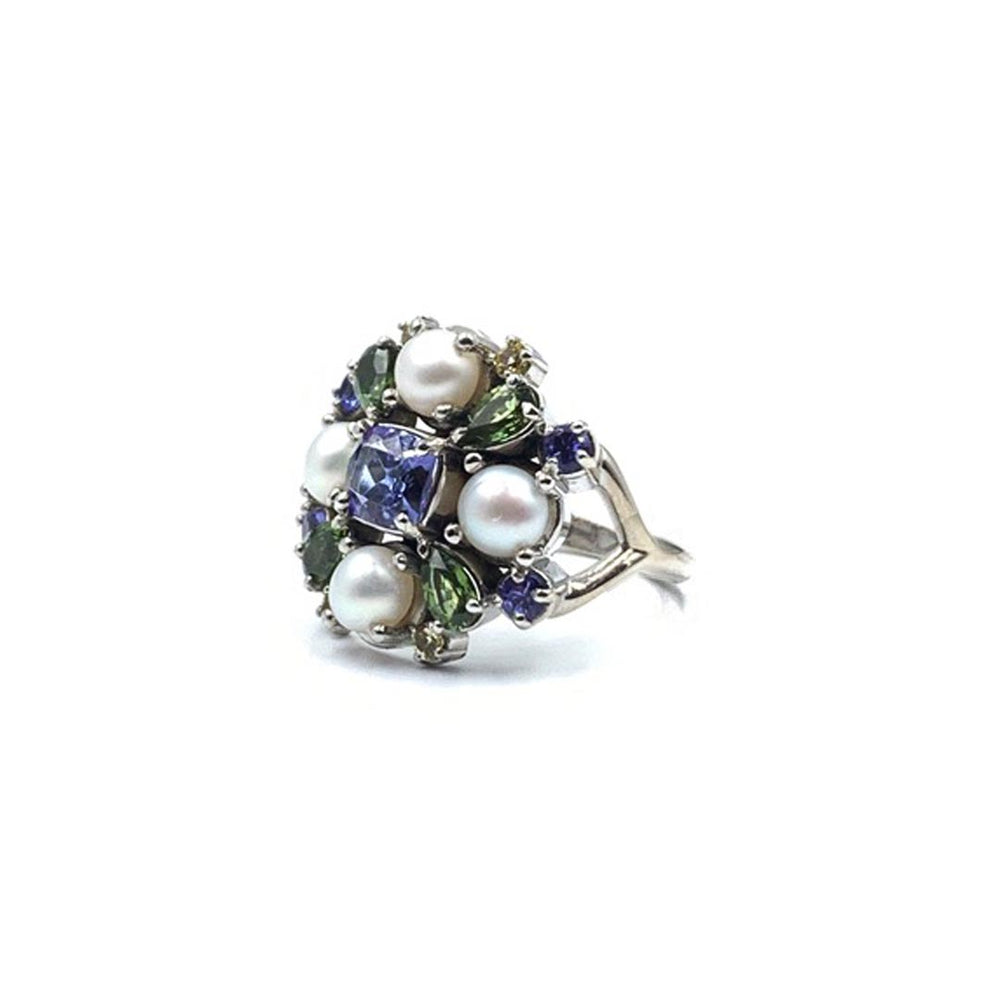 Statement Sapphire Tanzanite and Pearl Ring